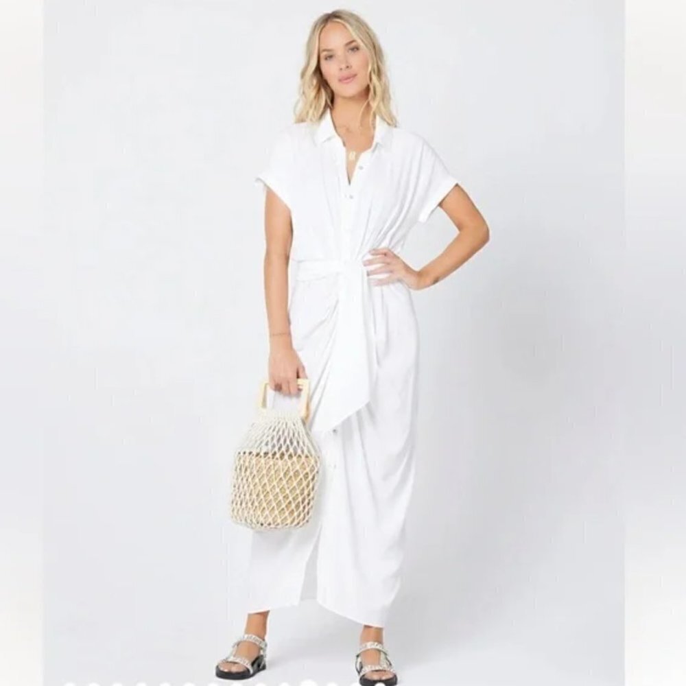 L'Space Prism Dress in White Button Up with Tie Waist Detail, Small.​​​​…​​​ - Picture 3 of 5